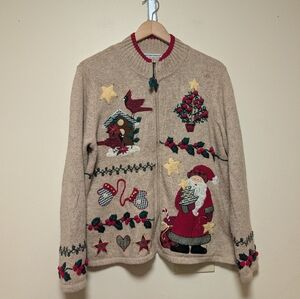Tiara International Christmas Sweater XL Beige Cardinals Santa Women’s
